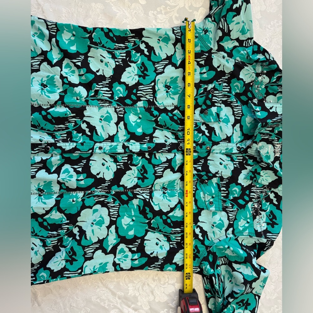 Rock 47 By Wrangler Women’s XXL Teal Black Floral Pearl Snap Top Bling‎ Cowgirl - Picture 7 of 8